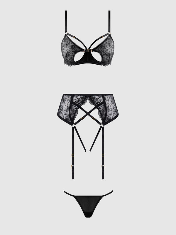 House of Desire Rosalie Embroidered Lace Open Cup Garter Bra Set Black Roses