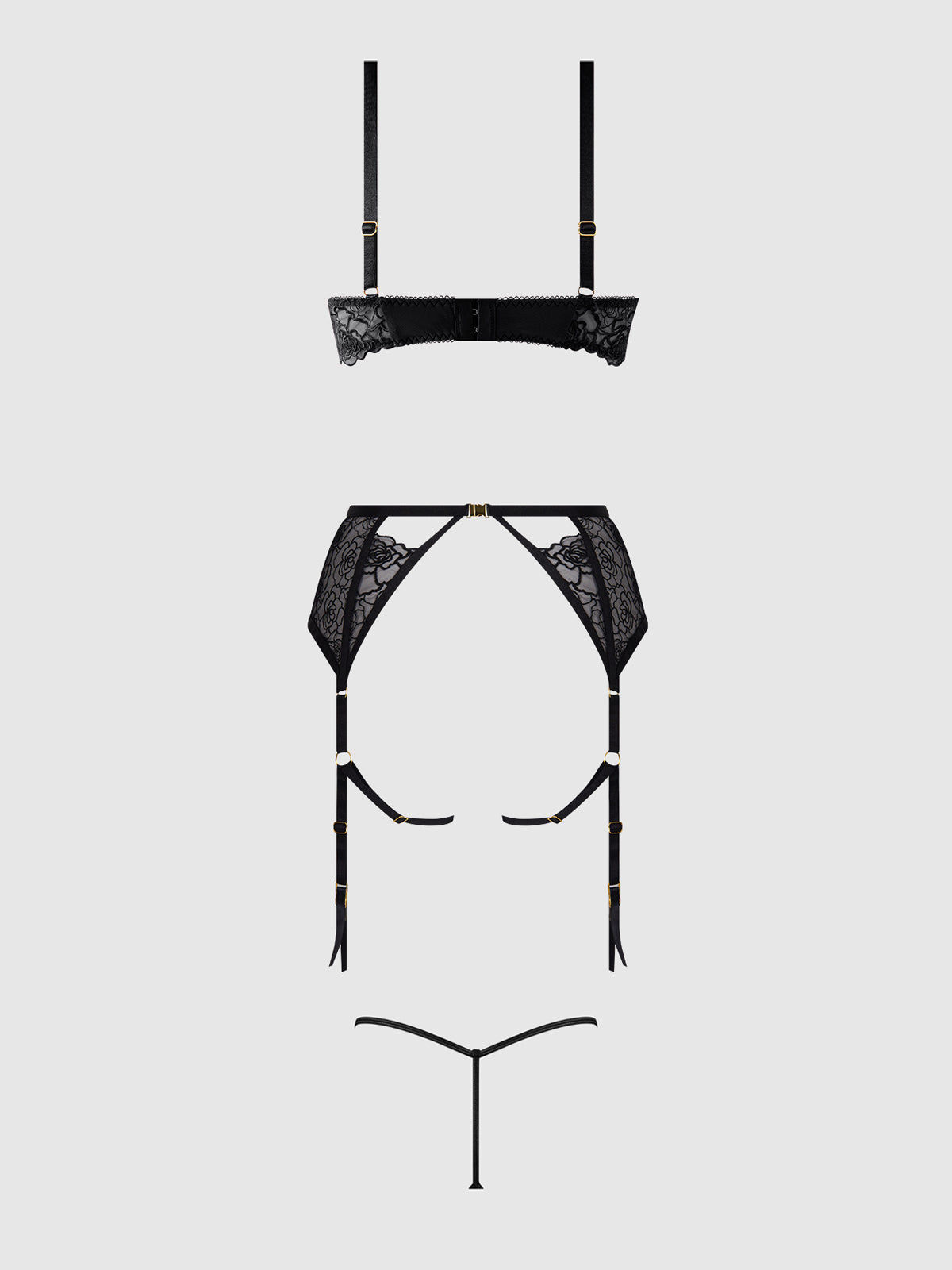 House of Desire Rosalie Embroidered Lace Open Cup Garter Bra Set Black Roses