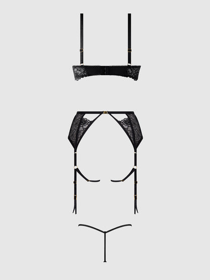 House of Desire Rosalie Embroidered Lace Open Cup Garter Bra Set Black Roses