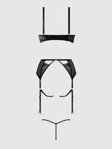 Rosalie Embroidered Lace Open Cup Garter Bra Set Black Roses