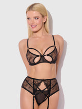 Rosalie Embroidered Lace Open Cup Garter Bra Set Black Roses