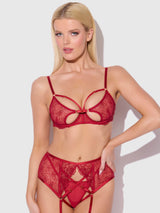 Rosalie Embroidered Lace Open Cup Garter Bra Set Crimson Red Roses