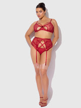 Rosalie Embroidered Lace Open Cup Garter Bra Set Crimson Red Roses