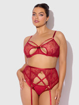 Rosalie Embroidered Lace Open Cup Garter Bra Set Crimson Red Roses