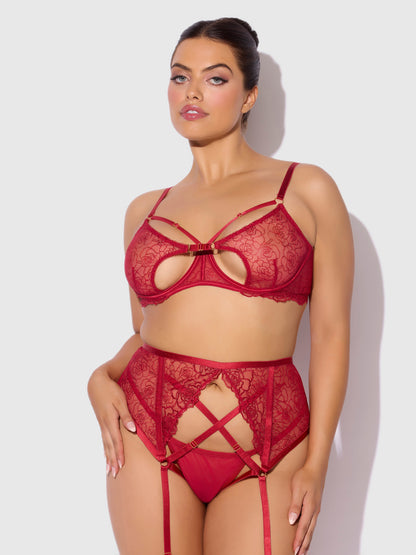 House of Desire Rosalie Embroidered Lace Open Cup Garter Bra Set Crimson Red Roses