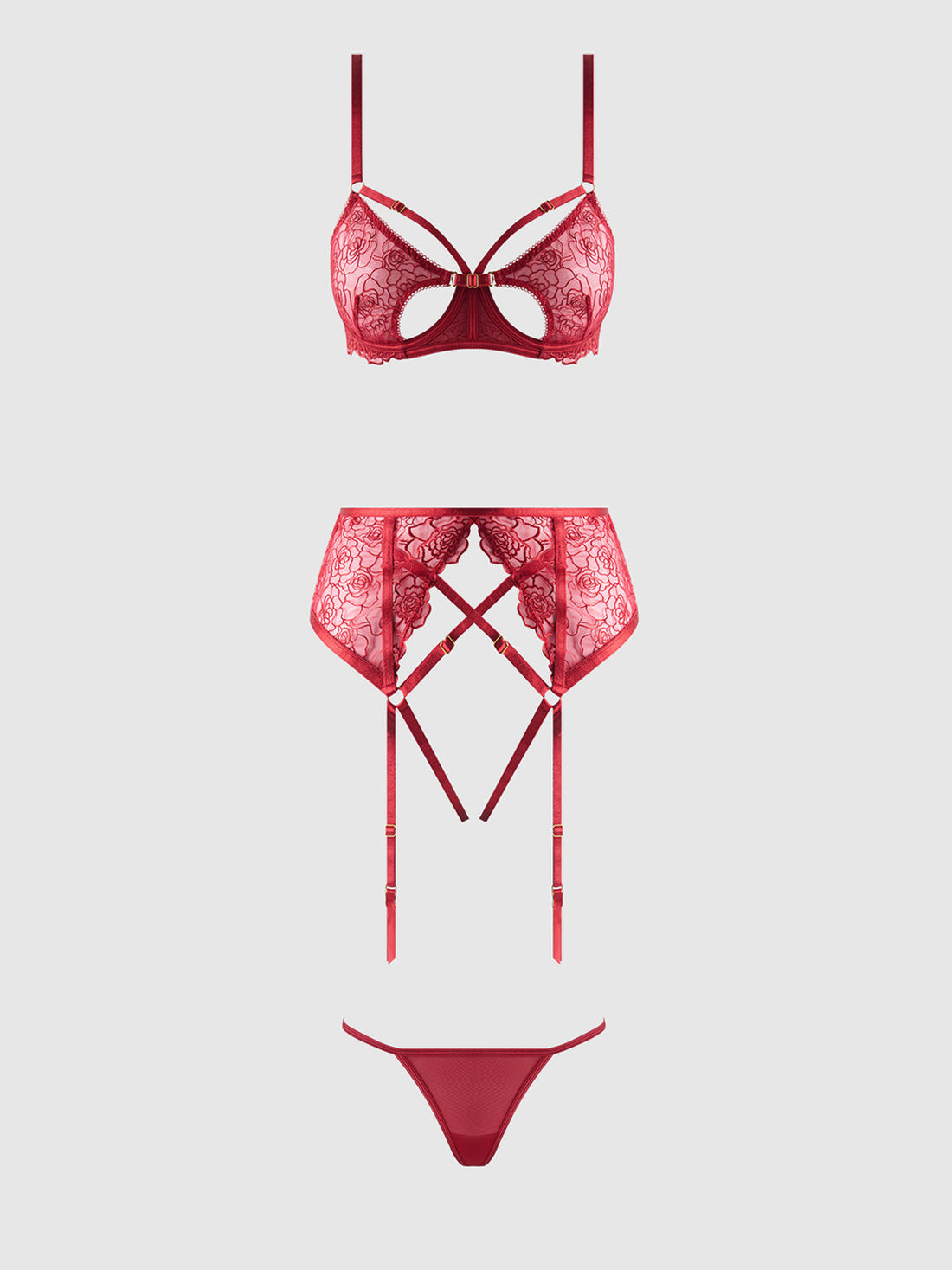 Rosalie Embroidered Lace Open Cup Garter Bra Set Crimson Red Roses