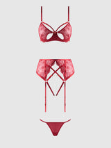 Rosalie Embroidered Lace Open Cup Garter Bra Set Crimson Red Roses