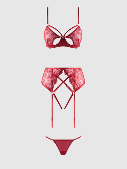 House of Desire Rosalie Embroidered Lace Open Cup Garter Bra Set Crimson Red Roses