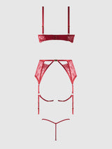 Rosalie Embroidered Lace Open Cup Garter Bra Set Crimson Red Roses