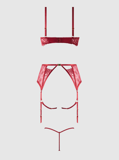 House of Desire Rosalie Embroidered Lace Open Cup Garter Bra Set Crimson Red Roses
