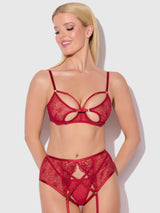 Rosalie Embroidered Lace Open Cup Garter Bra Set Crimson Red Roses