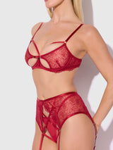Rosalie Embroidered Lace Open Cup Garter Bra Set Crimson Red Roses
