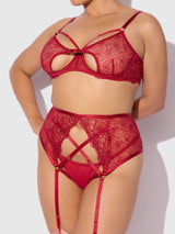 Rosalie Embroidered Lace Open Cup Garter Bra Set Crimson Red Roses