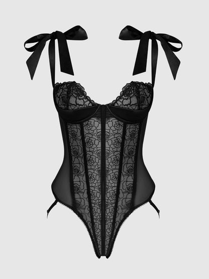 House of Desire Rosalie Embroidered Lace Teddy Black Roses