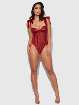 Rosalie Embroidered Lace Teddy Crimson Red Roses