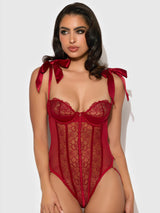 Rosalie Embroidered Lace Teddy Crimson Red Roses