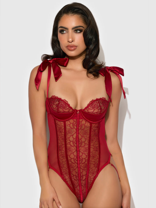 House of Desire Rosalie Embroidered Lace Teddy Crimson Red Roses