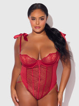 Rosalie Embroidered Lace Teddy Crimson Red Roses
