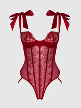 Rosalie Embroidered Lace Teddy Crimson Red Roses