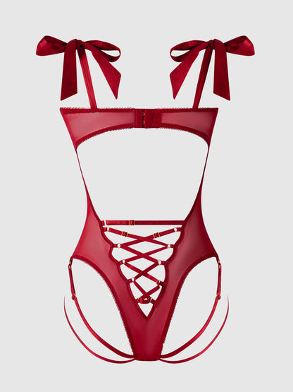 House of Desire Rosalie Embroidered Lace Teddy Crimson Red Roses