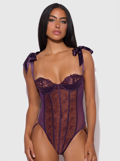House of Desire Rosalie Embroidered Lace Teddy Roses Purple Shadow