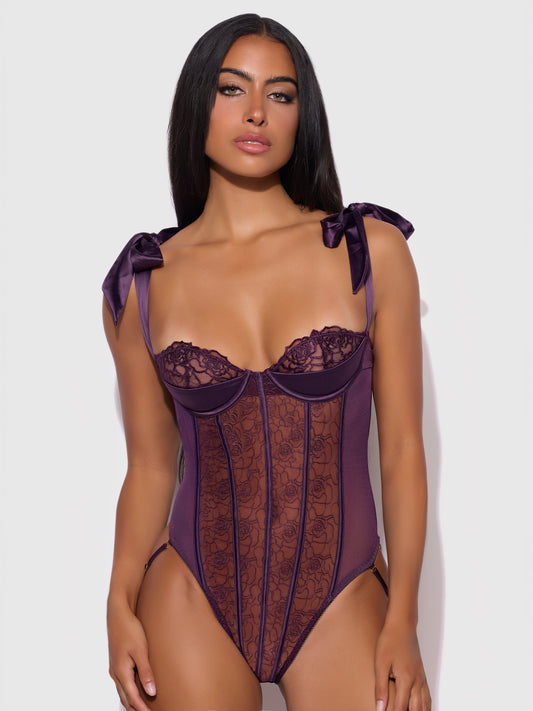 House of Desire Rosalie Embroidered Lace Teddy Roses Purple Shadow