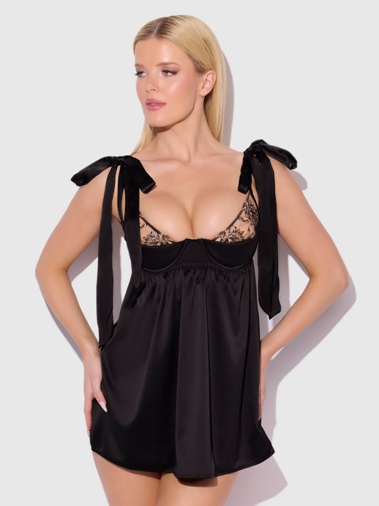 House of Desire Brigeta Satin Open Cup Babydoll Set Black