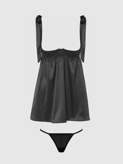 House of Desire Brigeta Satin Open Cup Babydoll Set Black