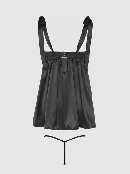House of Desire Brigeta Satin Open Cup Babydoll Set Black