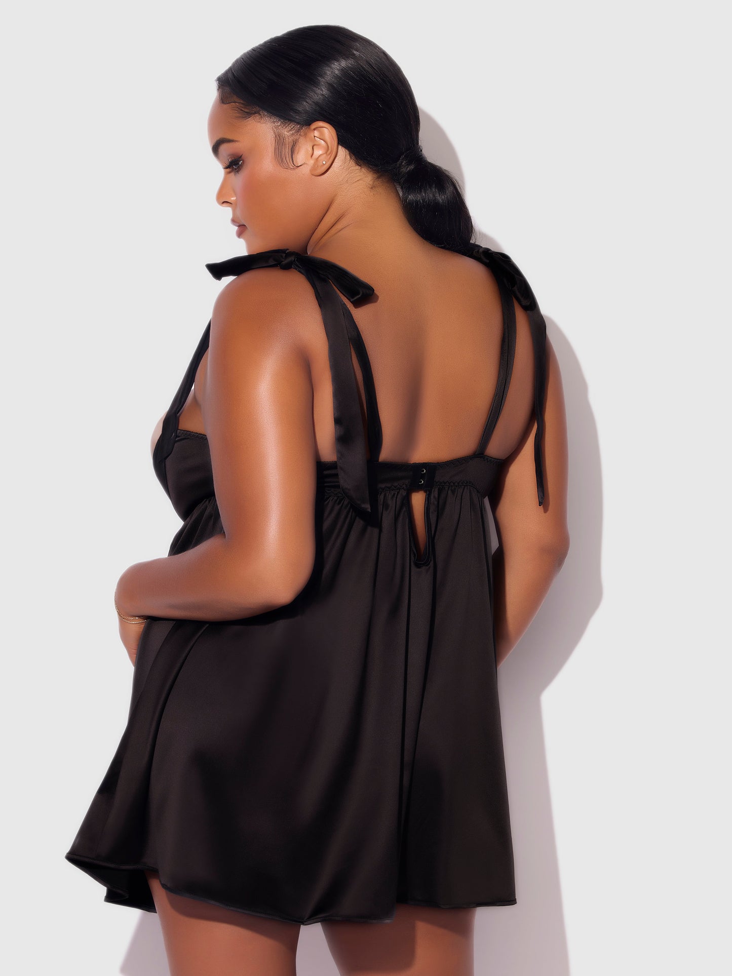 House of Desire Brigeta Satin Open Cup Babydoll Set Black