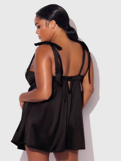 House of Desire Brigeta Satin Open Cup Babydoll Set Black