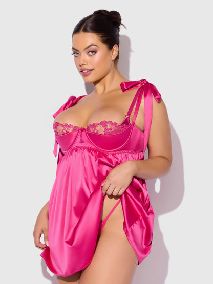 House of Desire Brigeta Satin Open Cup Babydoll Set Pink Dragon