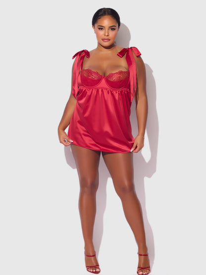 House of Desire Rosalie Satin & Embroidered Lace Babydoll Set Crimson Red