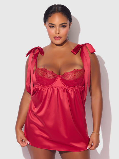 House of Desire Rosalie Satin & Embroidered Lace Babydoll Set Crimson Red