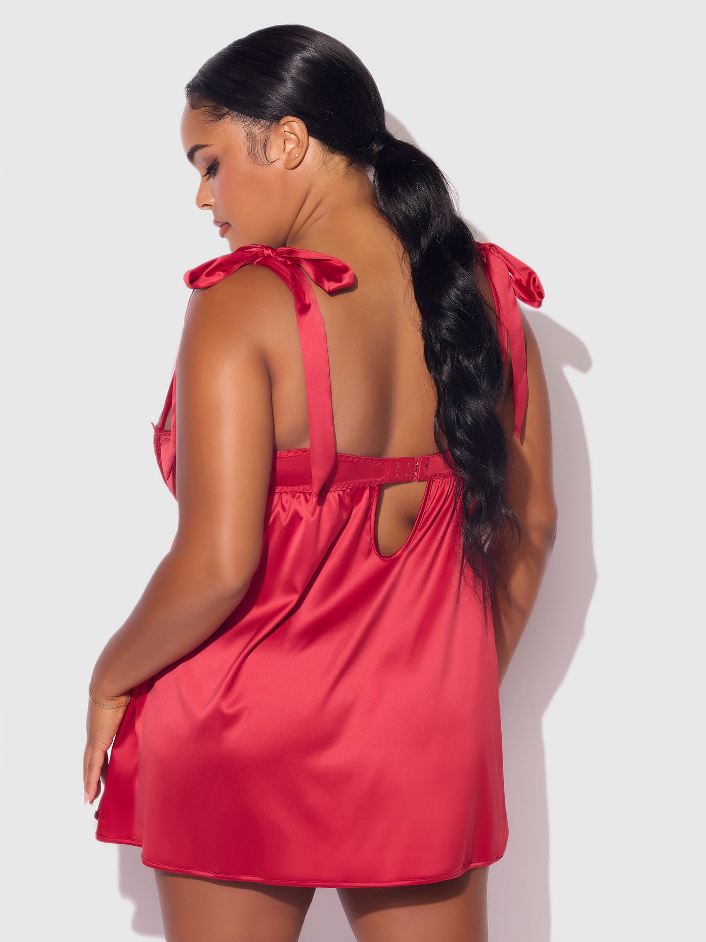 House of Desire Rosalie Satin & Embroidered Lace Babydoll Set Crimson Red