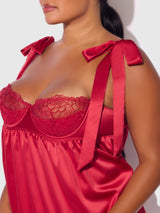 House of Desire Queen Rosalie Satin & Embroidered Lace Babydoll Set Crimson Red