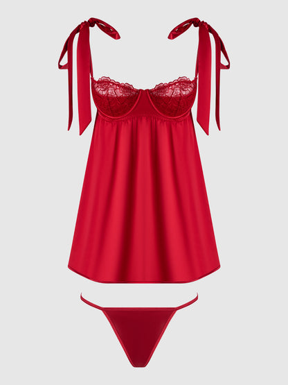 House of Desire Rosalie Satin & Embroidered Lace Babydoll Set Crimson Red