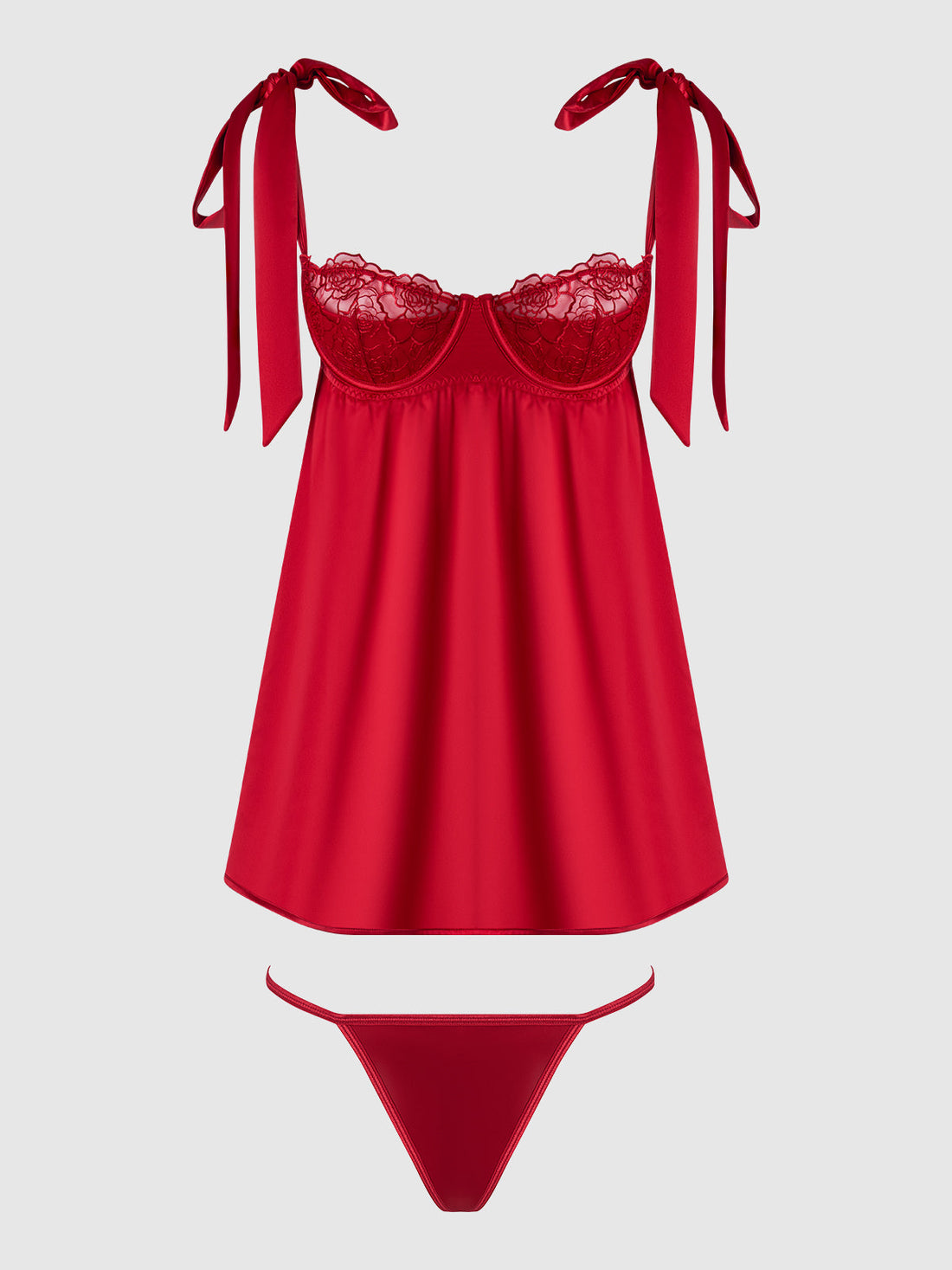 House of Desire Queen Rosalie Satin & Embroidered Lace Babydoll Set Crimson Red