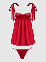 House of Desire Queen Rosalie Satin & Embroidered Lace Babydoll Set Crimson Red