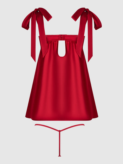 House of Desire Rosalie Satin & Embroidered Lace Babydoll Set Crimson Red