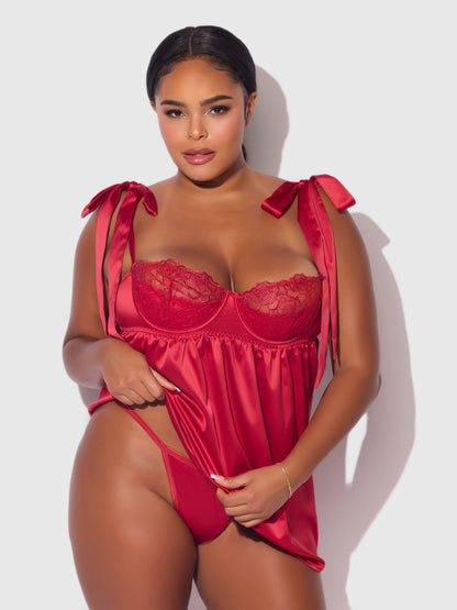 House of Desire Rosalie Satin & Embroidered Lace Babydoll Set Crimson Red