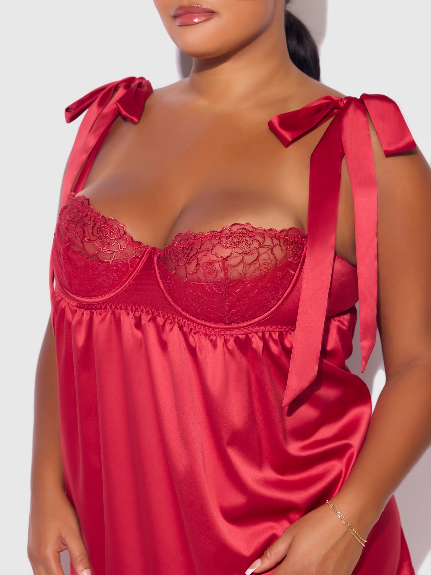 House of Desire Rosalie Satin & Embroidered Lace Babydoll Set Crimson Red
