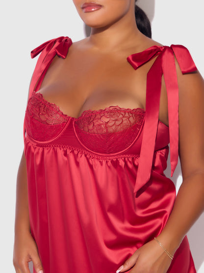 House of Desire Rosalie Satin & Embroidered Lace Babydoll Set Crimson Red
