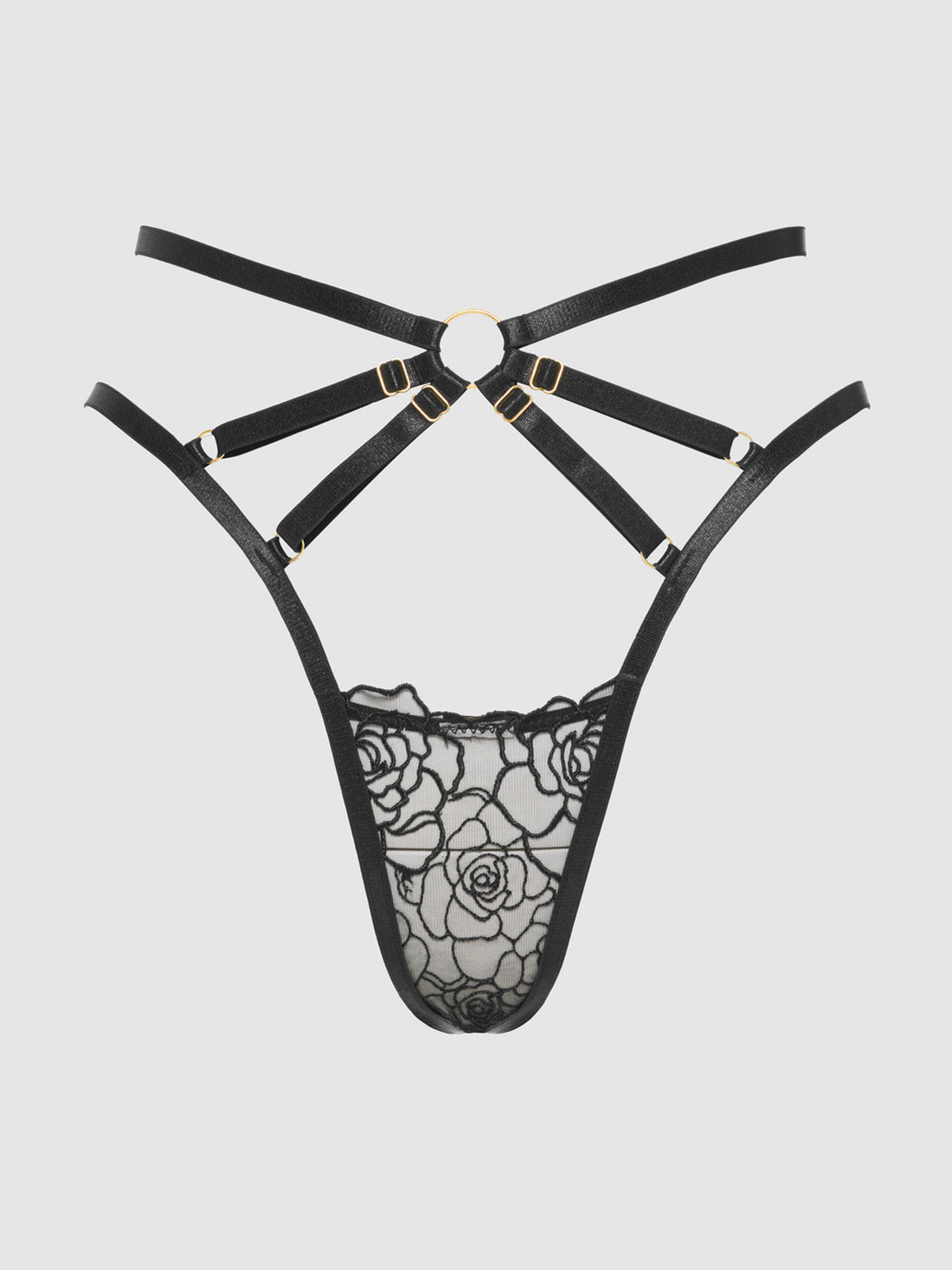 Rosalie Embroidered Lace Strappy Backless Tanga Panty Black Rose