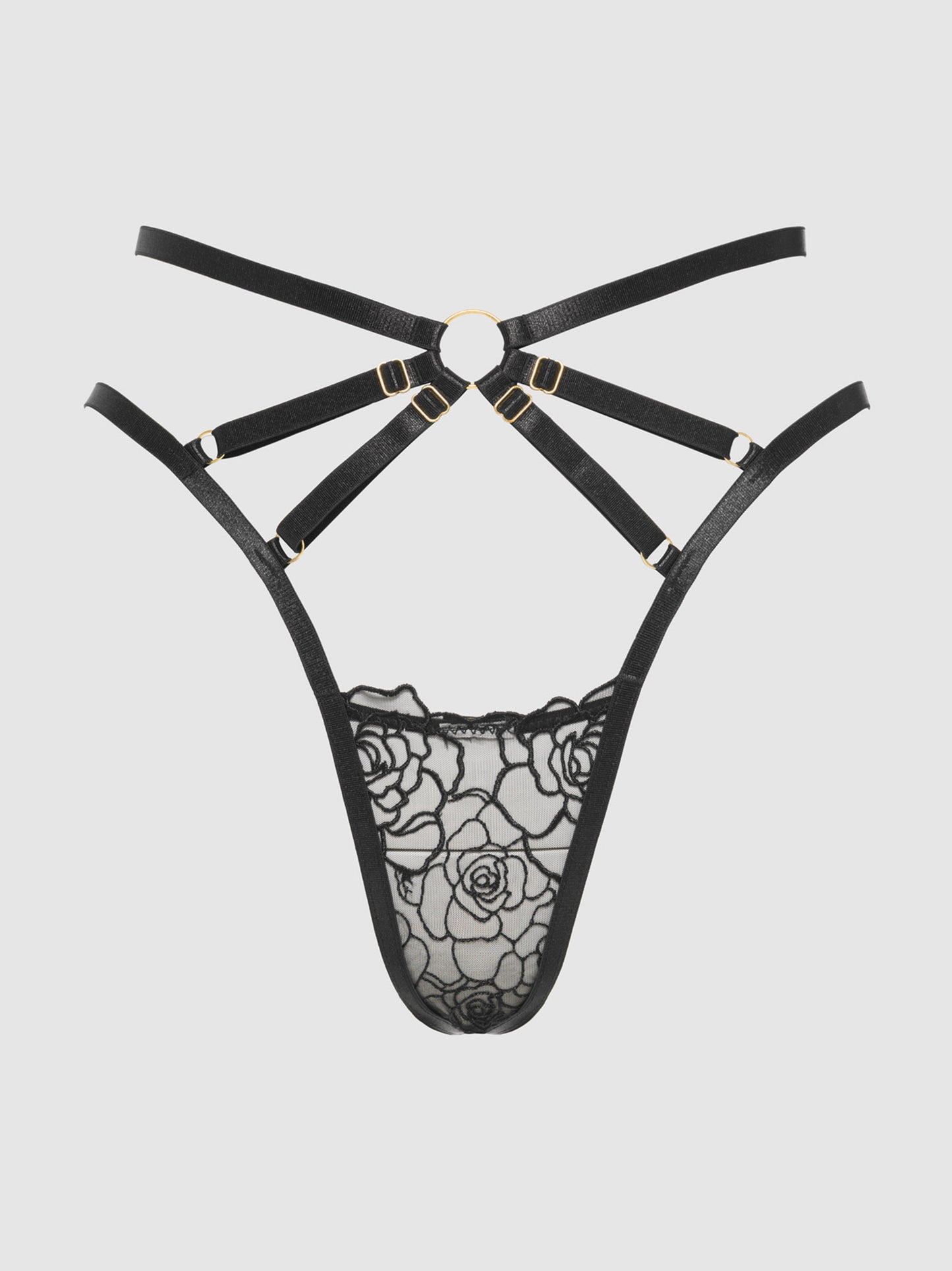 House of Desire Rosalie Embroidered Lace Strappy Backless Tanga Panty Black Rose