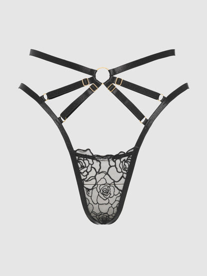 House of Desire Rosalie Embroidered Lace Strappy Backless Tanga Panty Black Rose