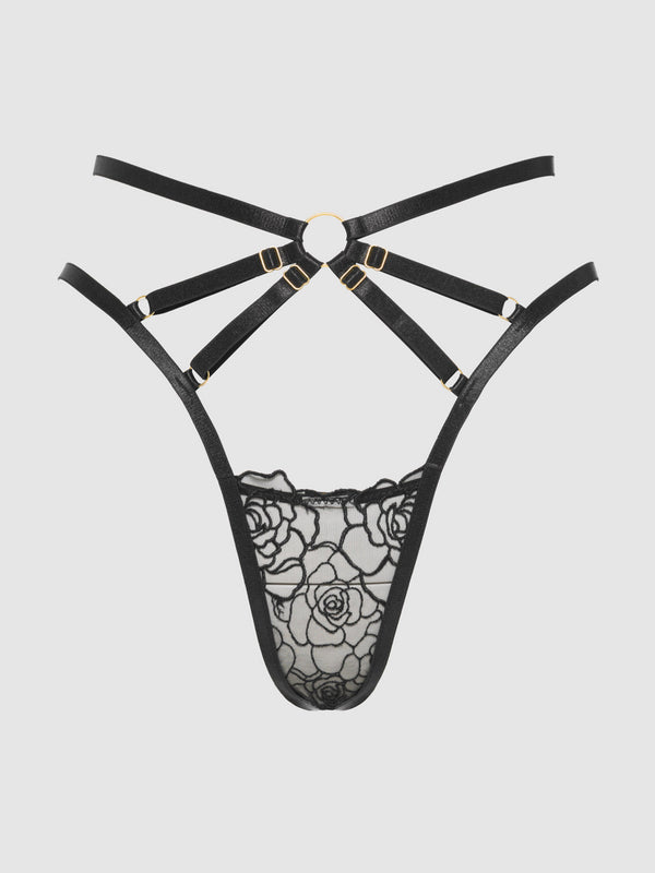 House of Desire Rosalie Embroidered Lace Strappy Backless Tanga Panty Black Rose