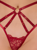 Rosalie Embroidered Lace Strappy Backless Tanga Panty Crimson Red Rose