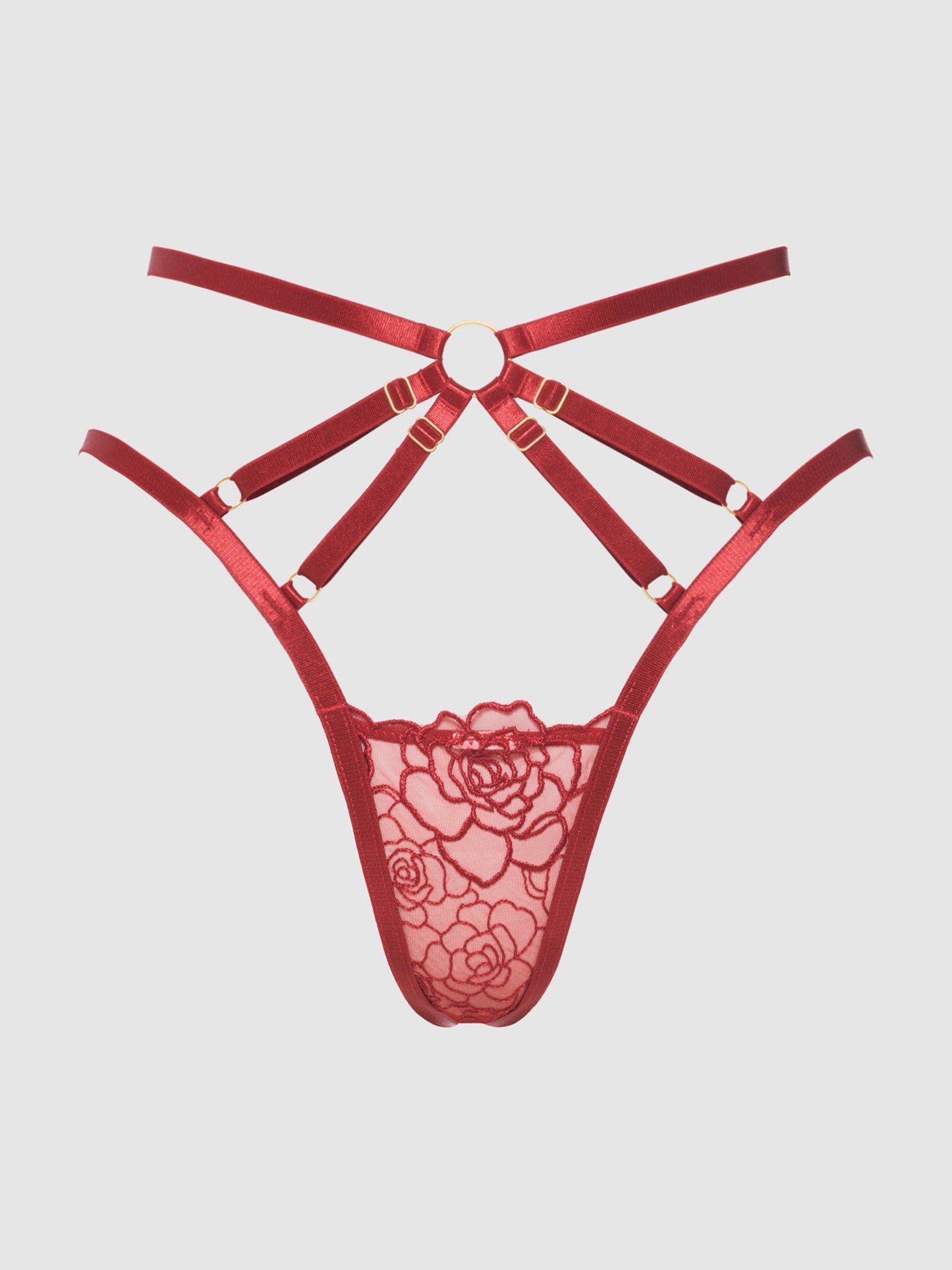 House of Desire Rosalie Embroidered Lace Strappy Backless Tanga Panty Crimson Red Rose