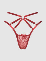 Rosalie Embroidered Lace Strappy Backless Tanga Panty Crimson Red Rose